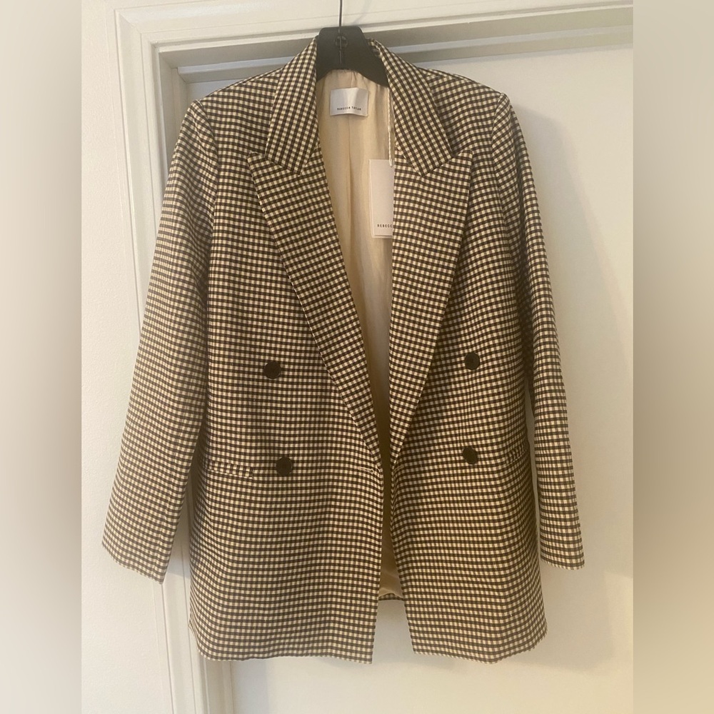 Rebecca Taylor Plaid Check Double-Breasted
Blazer Linen Blend Lined in Expresso